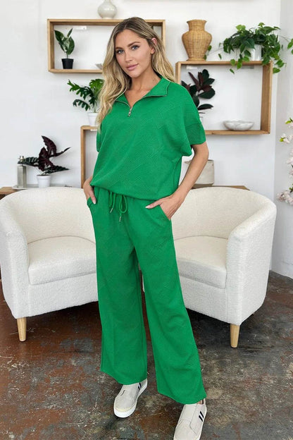 Double Take Full Size Texture Half Zip Short Sleeve Top and Pants Set - Tredona LLC