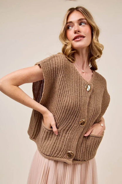 SO ME Big Metal Button Front Sweater Vest - Tredona LLC