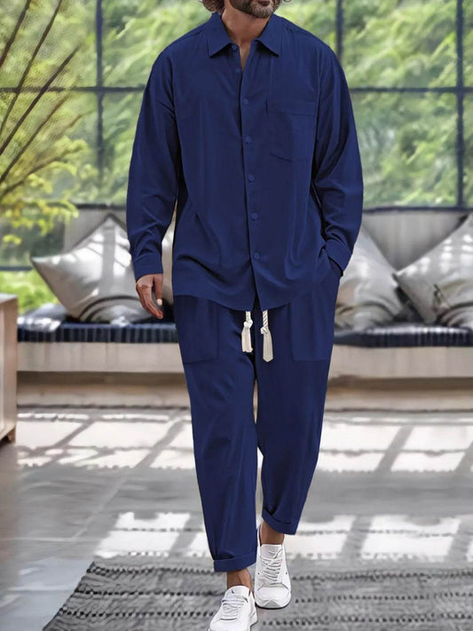 Men's Button Down Long Sleeve Shirt and Pants Set - Tredona LLC