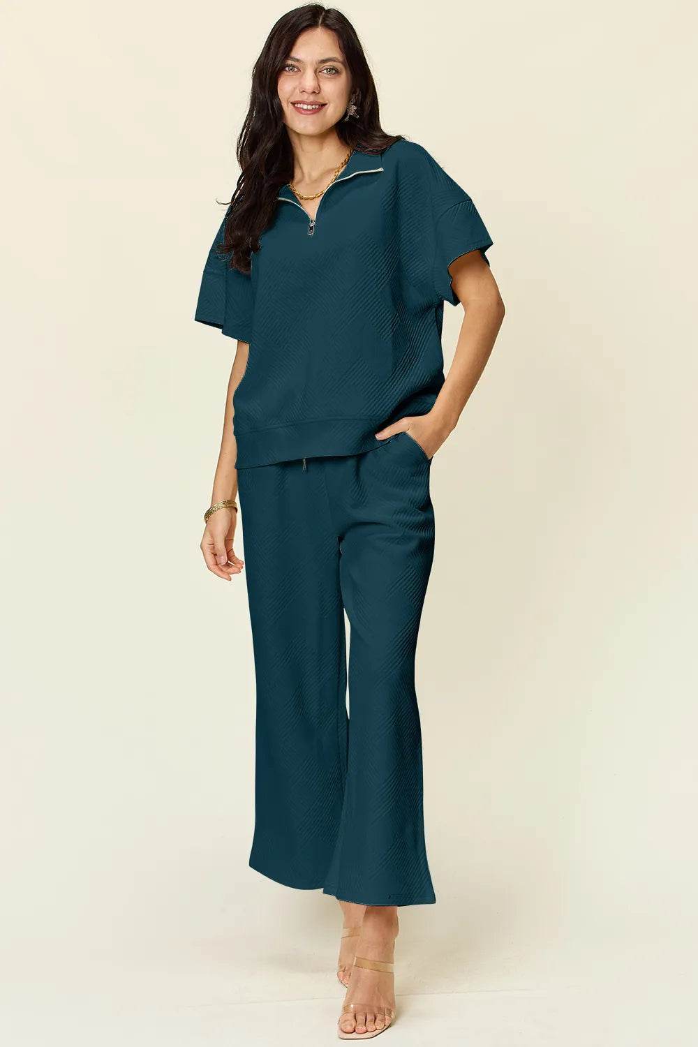 Double Take Full Size Texture Half Zip Short Sleeve Top and Pants Set - Tredona LLC