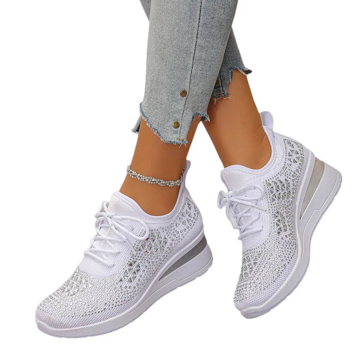 Breathable Mesh Rhinestone Wedge Athletic Sneakers - Tredona LLC