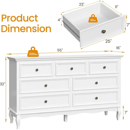 RoyalCraft White 7 Drawer Dresser for Bedroom, Modern Chest of Drawers with Solid Wood Legs and Painted Finish, Wooden Storage C