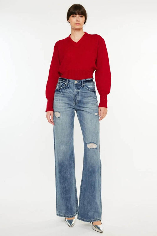 Kancan Distressed High Waist Bootcut Jeans - Tredona LLC