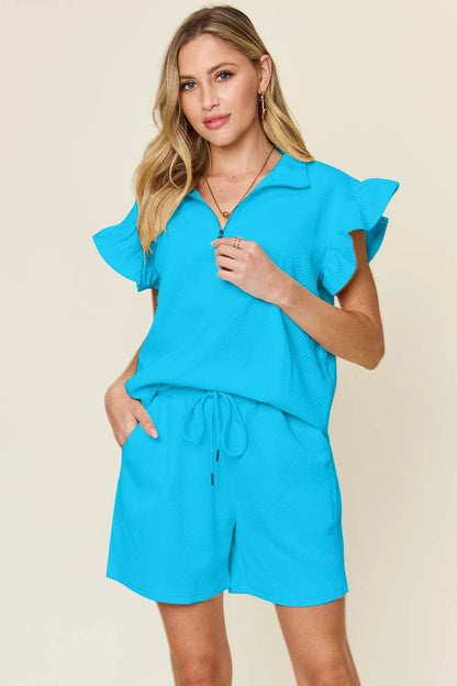 Double Take Full Size Texture Flounce Sleeve Top and Drawstring Shorts Set - Tredona LLC