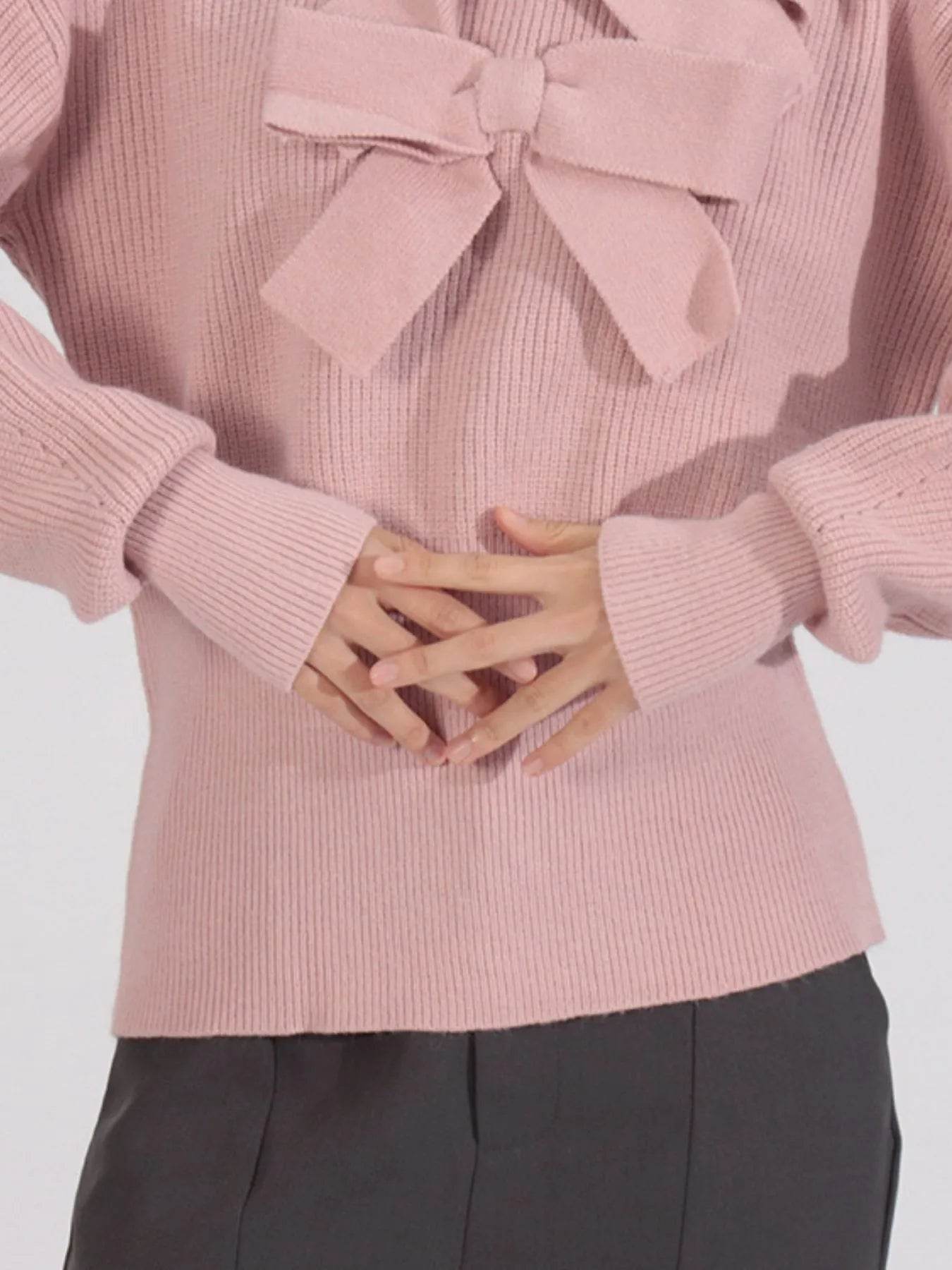 Bow Front Turtleneck Long Sleeve Sweater - Tredona LLC