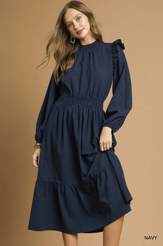 Umgee Textured Midi Dress with Ruffle Shoulder Detail - Tredona LLC