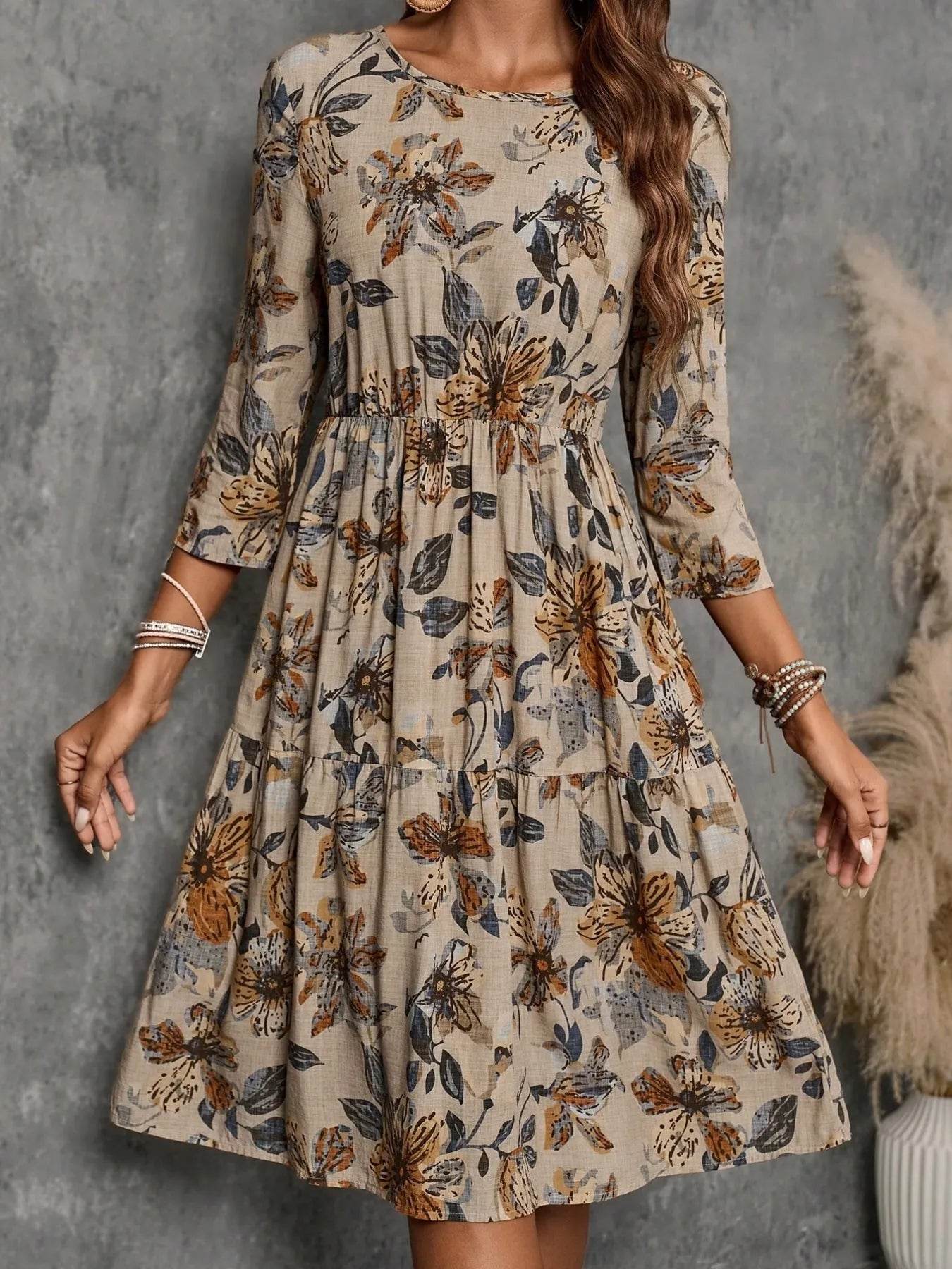 Tiered Printed Three-Quarter Sleeve Dress - Tredona LLC