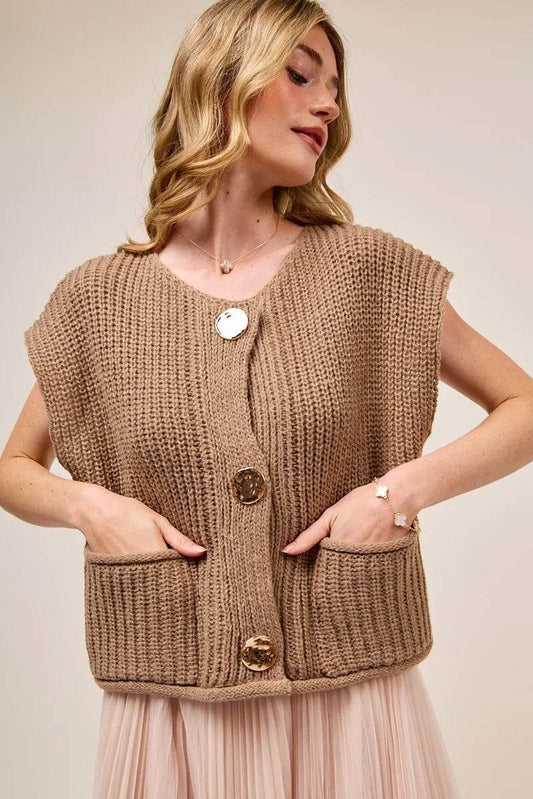 SO ME Big Metal Button Front Sweater Vest - Tredona LLC