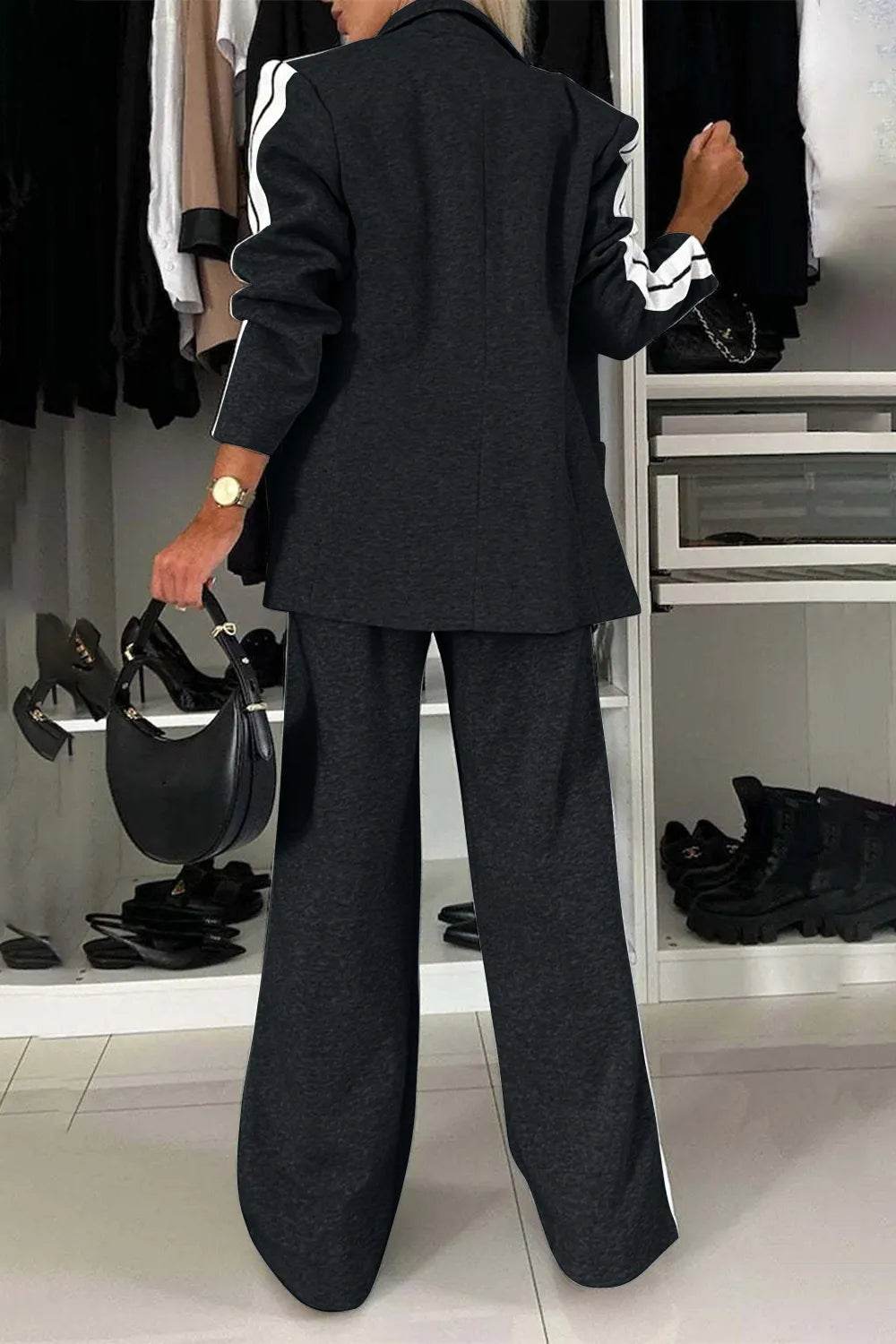 Full Size Contrast Lapel Collar Top and Pants Set - Tredona LLC