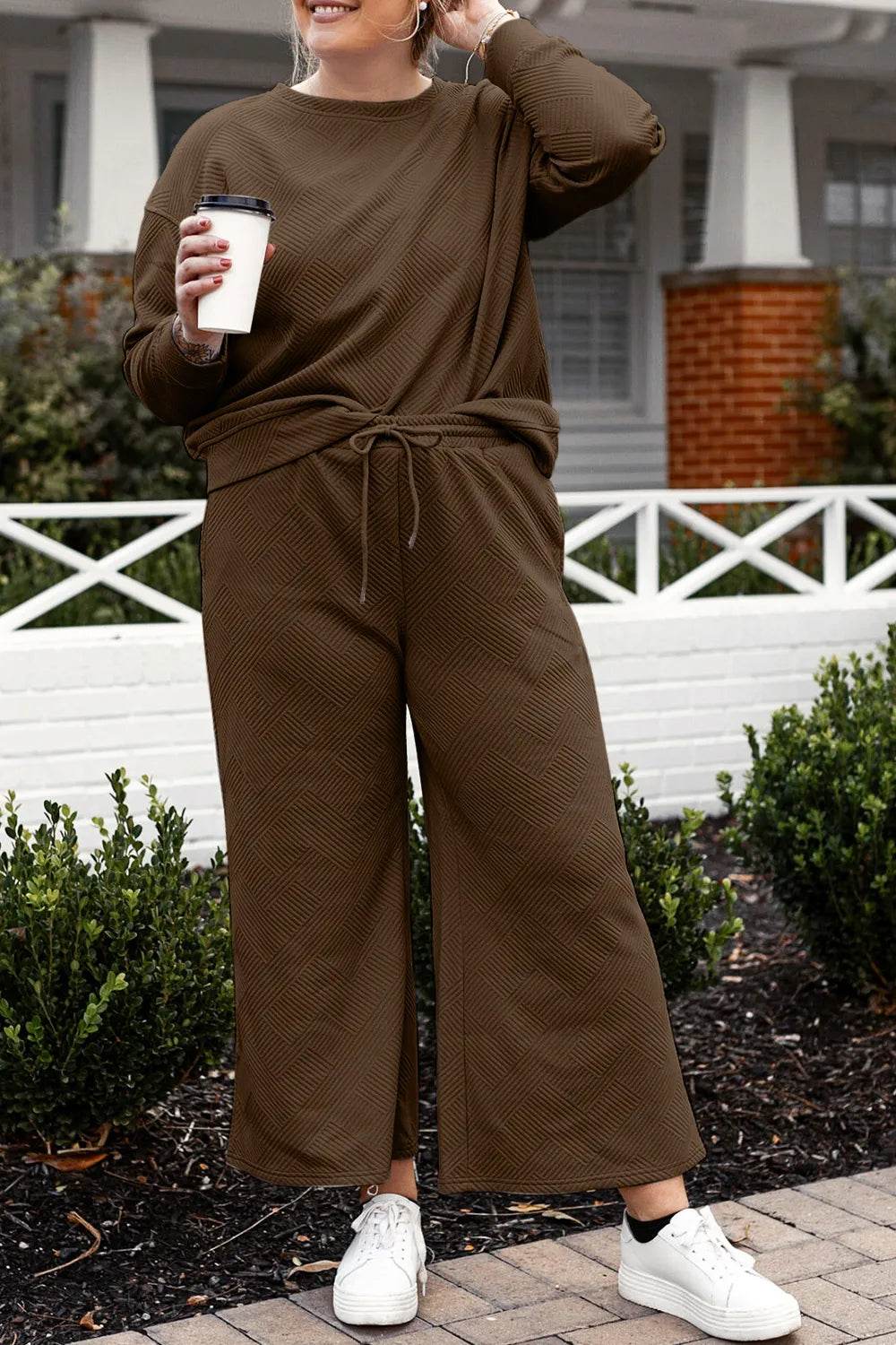 Double Take Full Size Textured Long Sleeve Top and Drawstring Pants Set - Tredona LLC