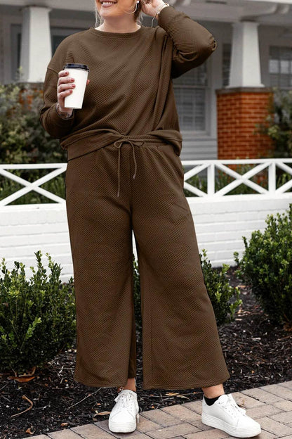 Double Take Full Size Textured Long Sleeve Top and Drawstring Pants Set - Tredona LLC