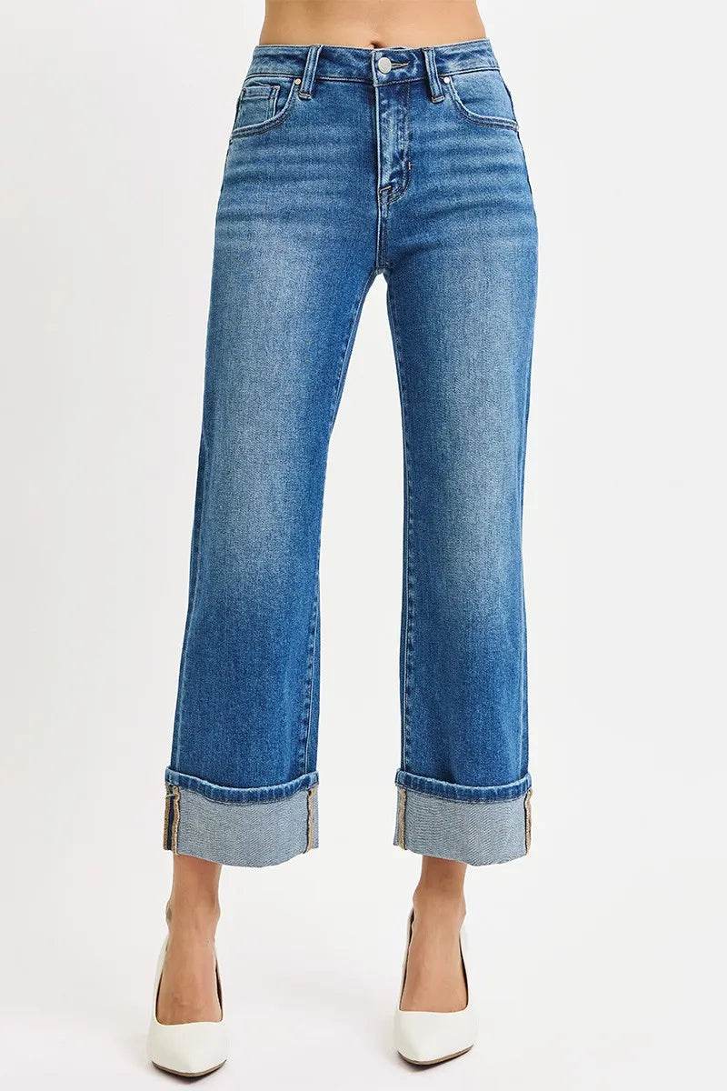 RISEN Full Size Mid Rise Crop Straight Cuffed Jeans Plus Size - Tredona LLC