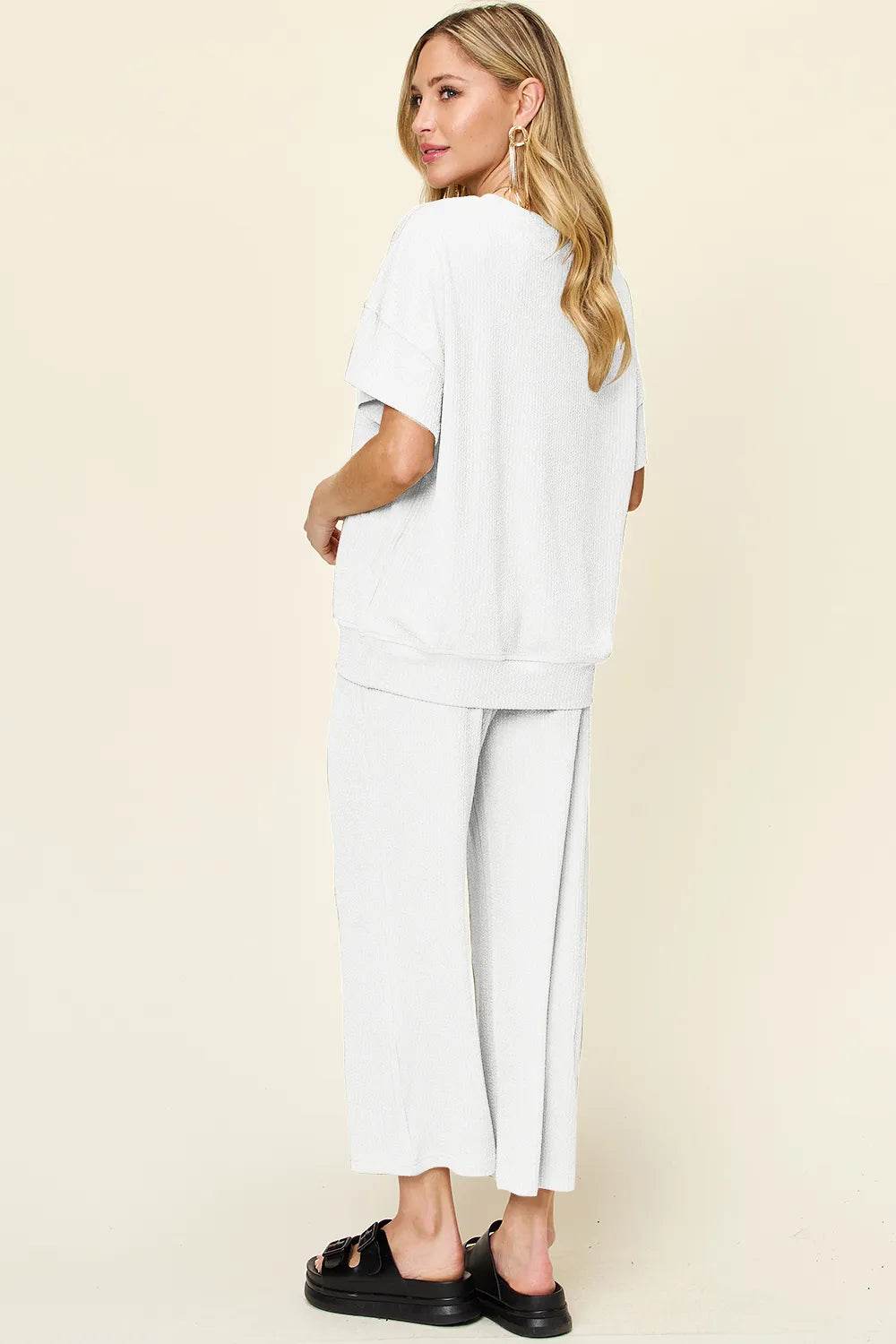 Double Take Full Size Texture Round Neck Short Sleeve T-Shirt and Wide Leg Pants - Tredona LLC