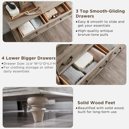Rustic Country Style 7-Drawer Wood Dresser with Solid Feet and Column Accents for Bedroom