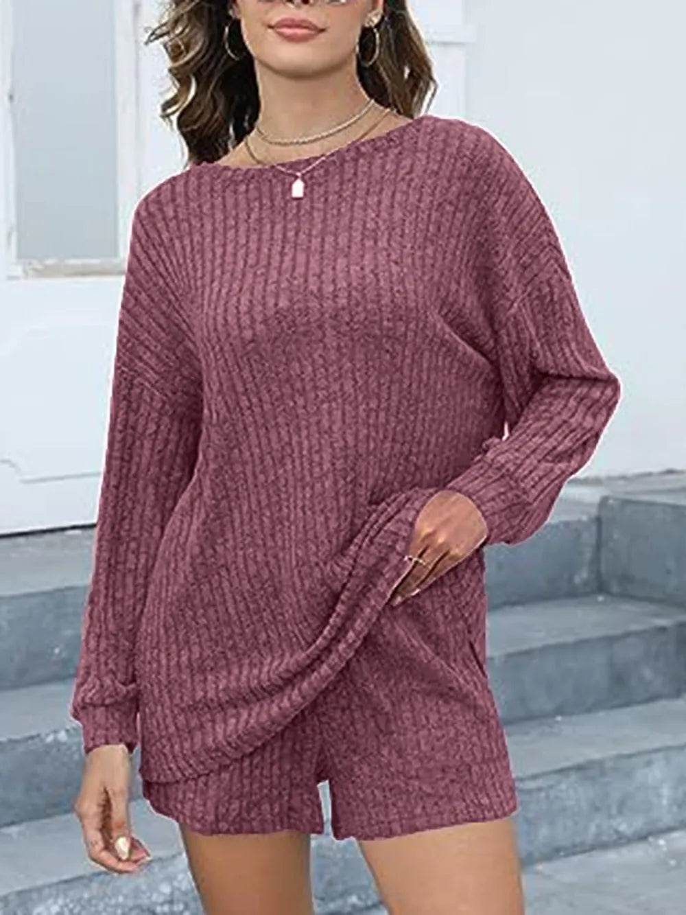 Round Neck Dropped Shoulder Top and Shorts Set - Tredona LLC