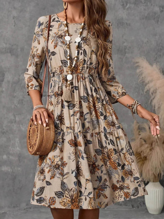 Tiered Printed Three-Quarter Sleeve Dress - Tredona LLC