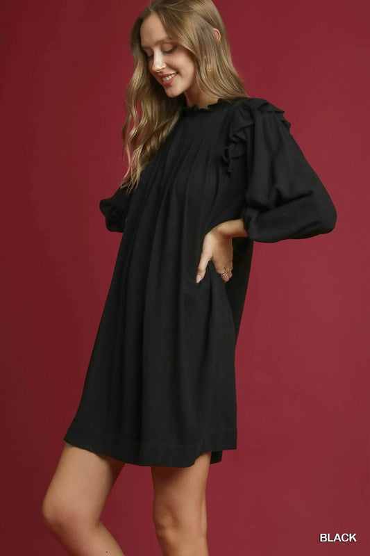 Umgee Linen Ruffle Shoulder Pleated Babydoll Dress - Tredona LLC
