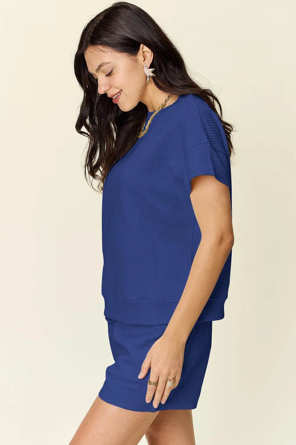 Double Take Full Size Texture Short Sleeve T-Shirt and Drawstring Shorts Set - Tredona LLC