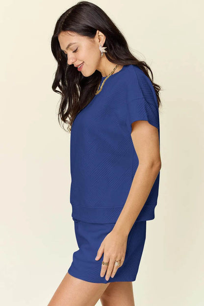 Double Take Full Size Texture Short Sleeve T-Shirt and Drawstring Shorts Set - Tredona LLC
