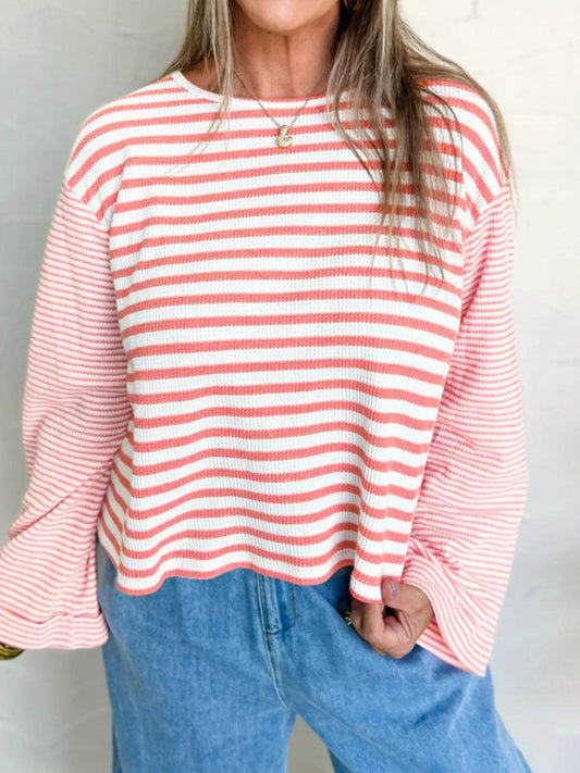 Striped Long Sleeve Ribbed Blouse - Tredona LLC