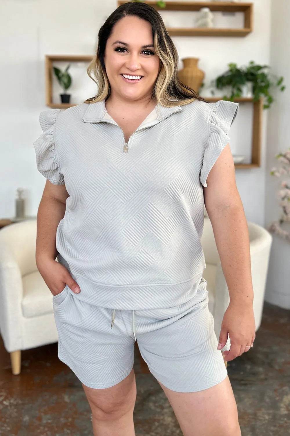 Double Take Full Size Texture Flounce Sleeve Top and Drawstring Shorts Set - Tredona LLC