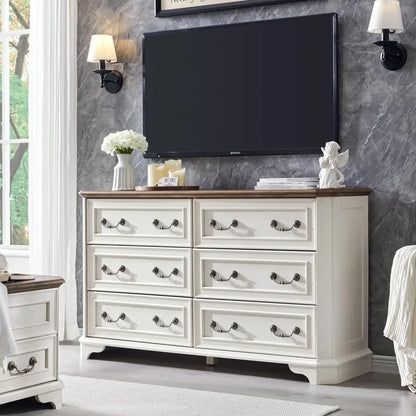 T4TREAM Farmhouse 6 Drawers Dresser for Bedroom, 54 Wide Wood Rustic Chest of Drawers with Natural Texture, Vintage Design, Stor