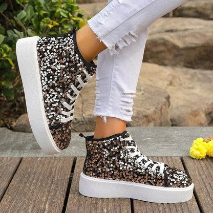 Sequin Round Toe Platform Sneakers - Tredona LLC