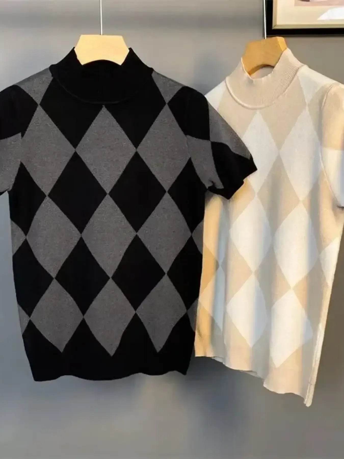 Men's Full Size Diamond Pattern Short Sleeve Knit Top Plus Size - Tredona LLC