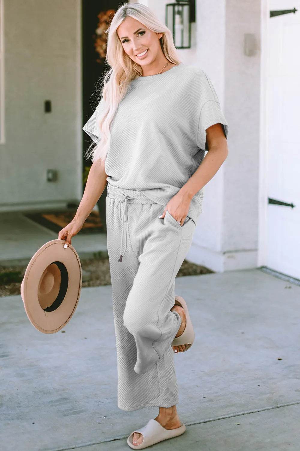 Double Take Full Size Texture Short Sleeve Top and Pants Set - Tredona LLC