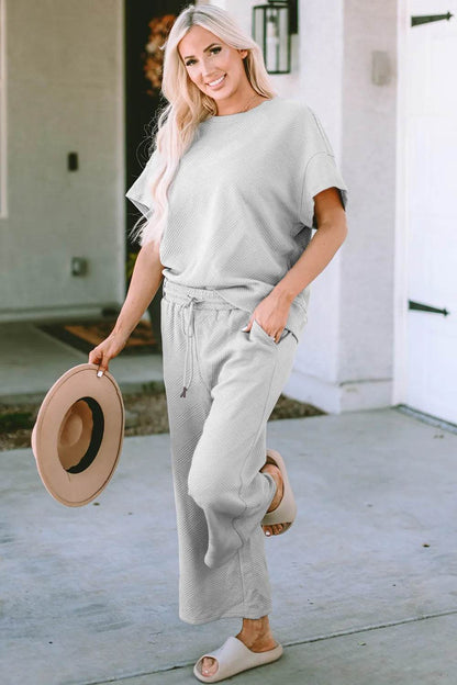 Double Take Full Size Texture Short Sleeve Top and Pants Set - Tredona LLC