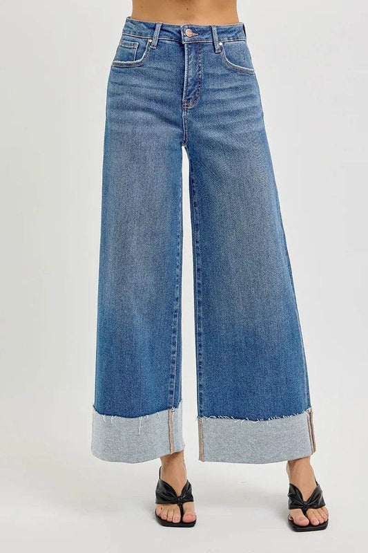 RISEN Full Size Tummy Control High Rise Crop Wide Cuffed Jeans Plus Size - Tredona LLC