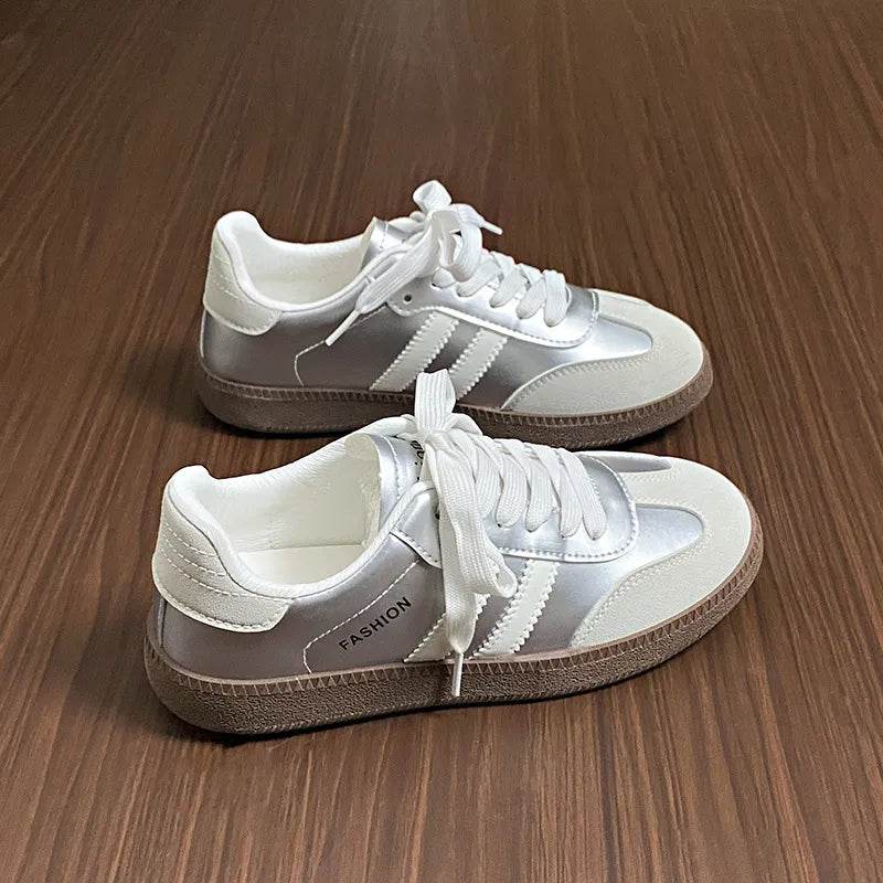 Side Striped Lace Up Round Toe Sneakers - Tredona LLC