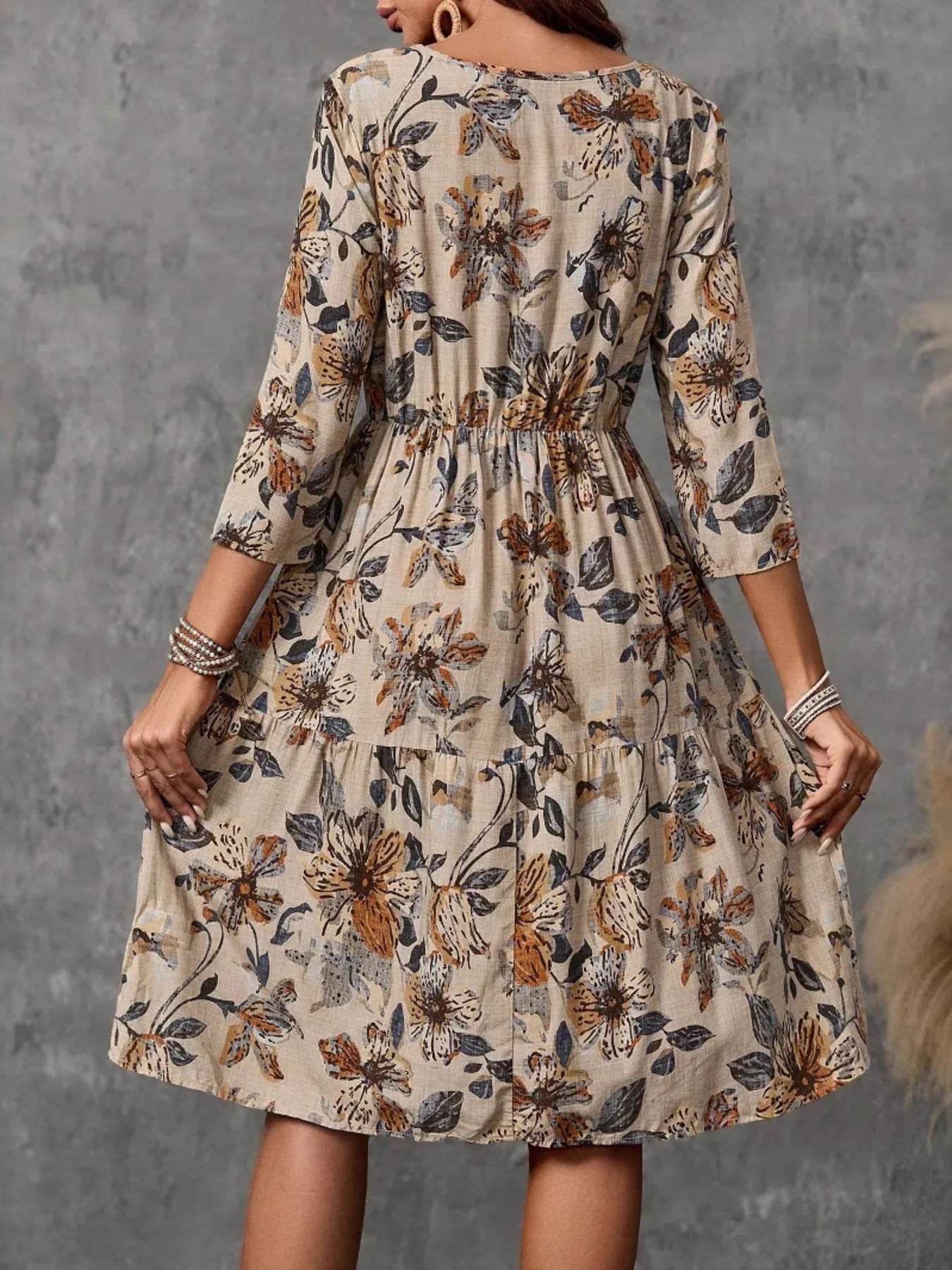 Tiered Printed Three-Quarter Sleeve Dress - Tredona LLC