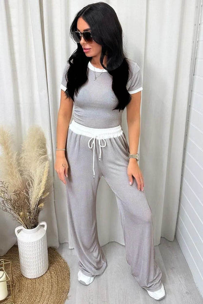 Contrast Trim Round Neck Top and Pants Set - Tredona LLC