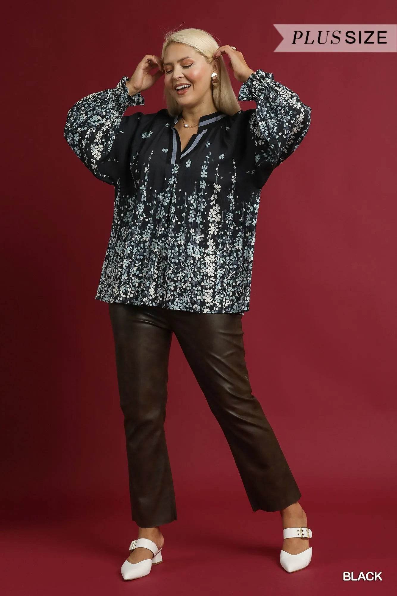 Umgee Full Size Floral Vine Print Blouse with Balloon Sleeves Plus Size - Tredona LLC