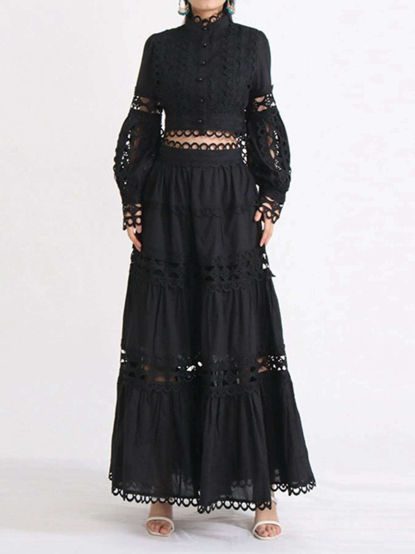 Lace Button Up Long Sleeve Top and Skirt Set - Tredona LLC