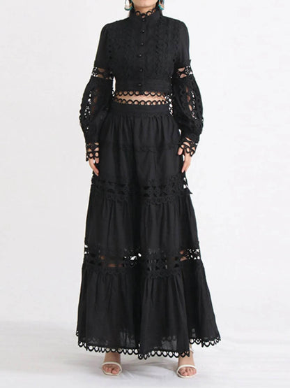 Lace Button Up Long Sleeve Top and Skirt Set - Tredona LLC