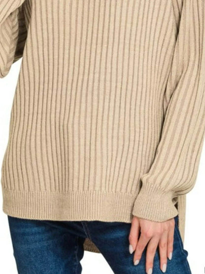 Zenana Curved Hem Two-Tone Ribbed Sweater - Tredona LLC