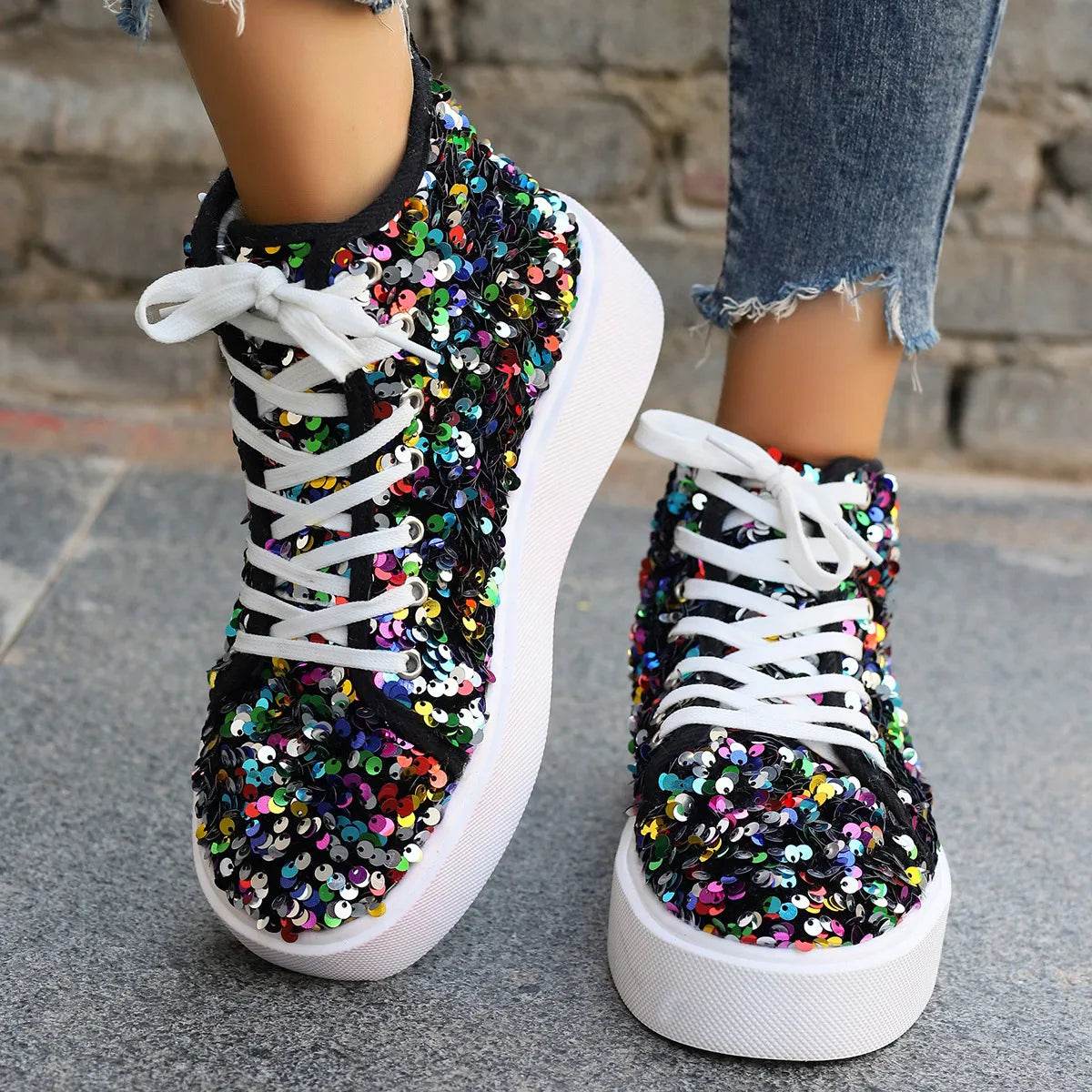Sequin Round Toe Platform Sneakers - Tredona LLC