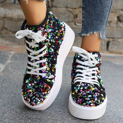 Sequin Round Toe Platform Sneakers - Tredona LLC