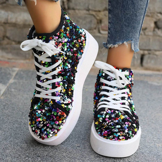 Sequin Round Toe Platform Sneakers - Tredona LLC