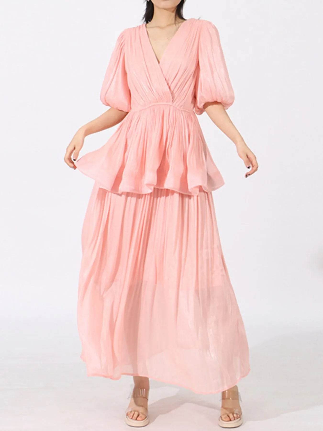 Layered Surplice Puff Sleeve Maxi Dress - Tredona LLC