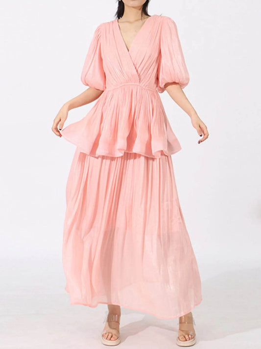 Layered Surplice Puff Sleeve Maxi Dress - Tredona LLC