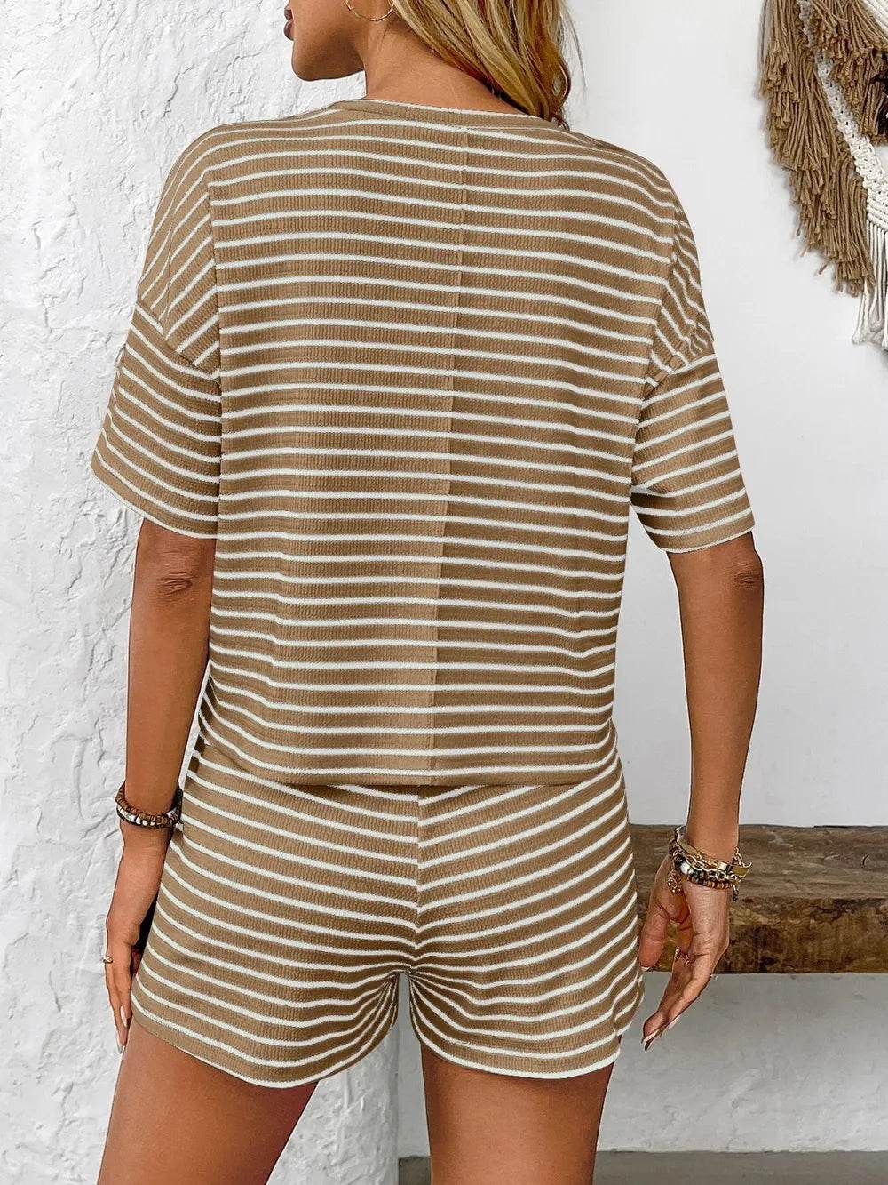 Striped Round Neck Short Sleeve Top and Shorts Set - Tredona LLC