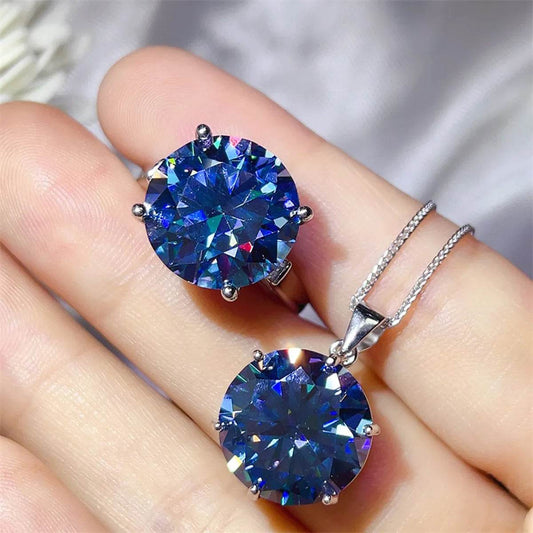 10 Carat Moissanite 925 Sterling Silver Ring and Necklace Set - Tredona LLC