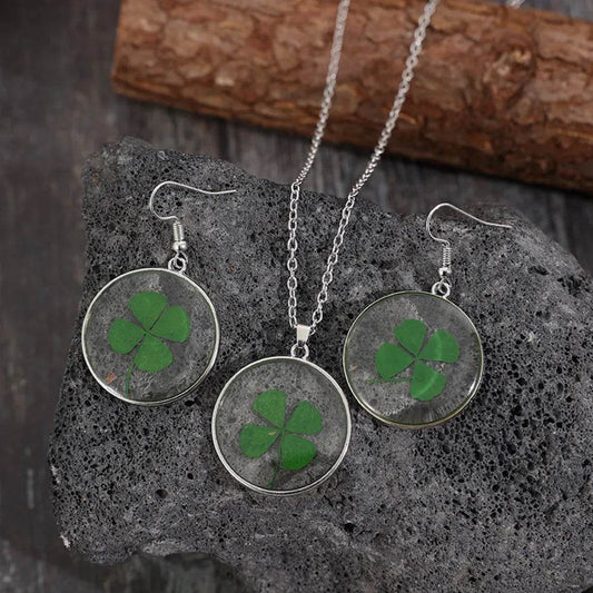 Lucky Clover Alloy Acrylic Earrings and Necklace Jewelry Set - Tredona LLC