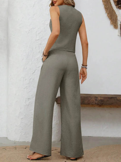 V-Neck Button Down Vest and Wide Leg Pants Set - Tredona LLC