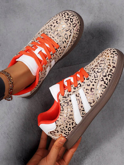 Leopard Print Stripe Detail Lace-up Sneakers - Tredona LLC