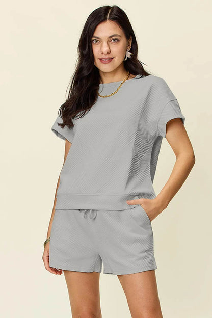 Double Take Full Size Texture Short Sleeve T-Shirt and Drawstring Shorts Set - Tredona LLC
