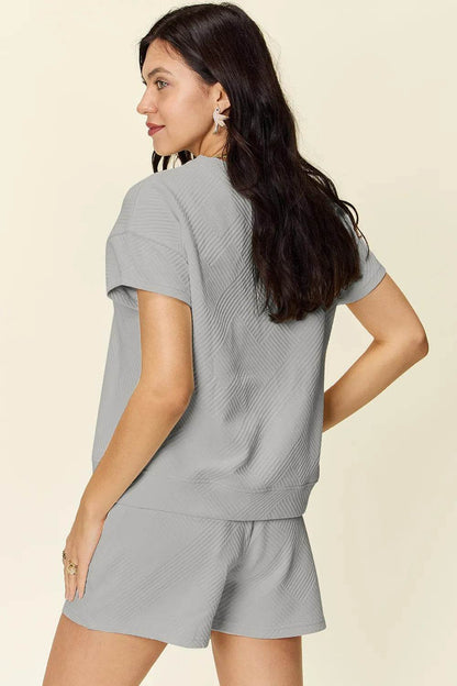 Double Take Full Size Texture Short Sleeve T-Shirt and Drawstring Shorts Set - Tredona LLC
